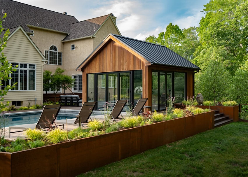 Retaining Wall, Metal, Design - Chadds Ford PA - Modern Landscape Architecture, Pool House, Back Yard