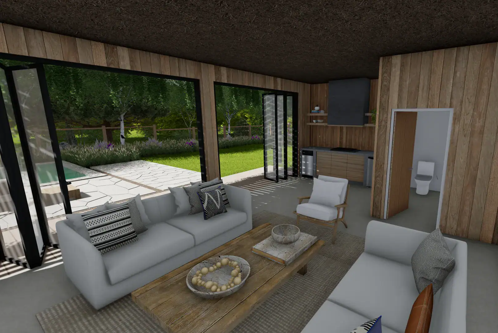 Pool house interior with wood-paneled walls, a kitchenette, seating area, and full bathroom, opening through folding glass doors to the pool and patio