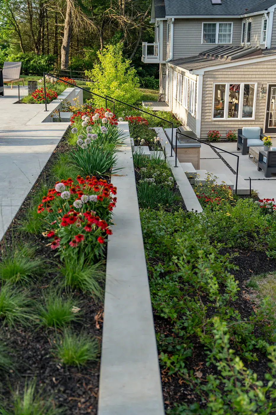 fpo-800x600 Tiered concrete retaining walls with echinacea, allium, and ornamental grass beds stepping down the slope in a Newark DE family backyard landscape design, with black metal railings, floating concrete steps, and the outdoor kitchen and patio beside the home