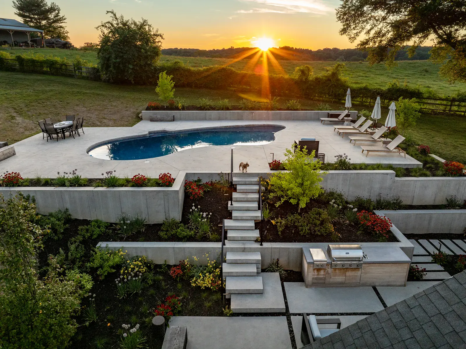 fireside-retreat-Stelacone-00647 Sunset aerial of a Newark DE family backyard landscape design with a pool terrace, loungers, and dining set, floating concrete steps with black metal railings, concrete retaining walls with echinacea and allium beds, and a custom outdoor kitchen overlooking open pasture