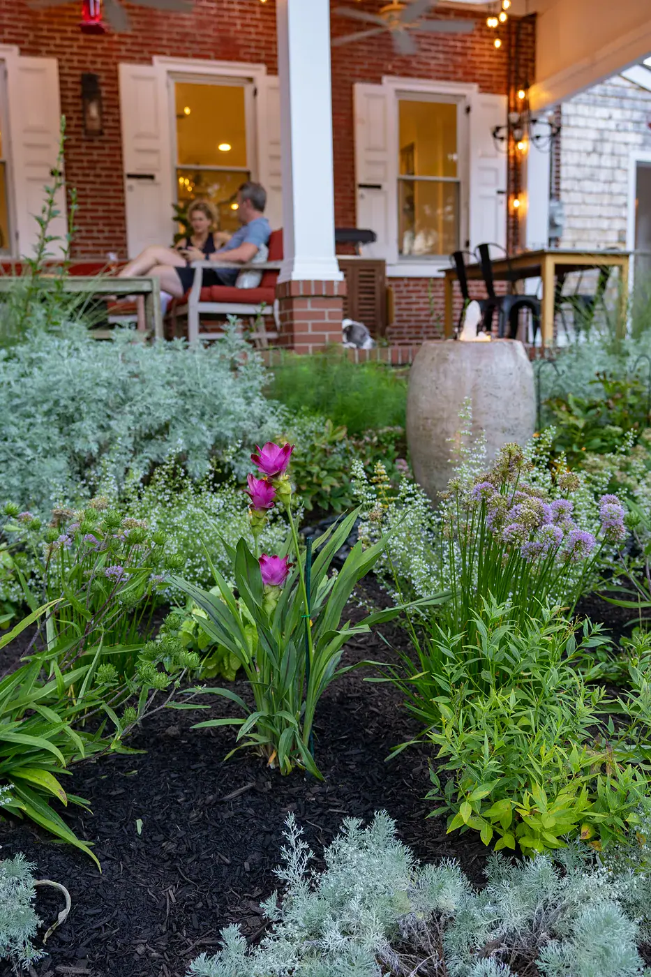 Pink curcuma, purple allium, and silvery artemisia in a layered perennial bed with a fountain urn, and a couple relaxing on the covered brick porch beyond, in a West Chester PA garden design