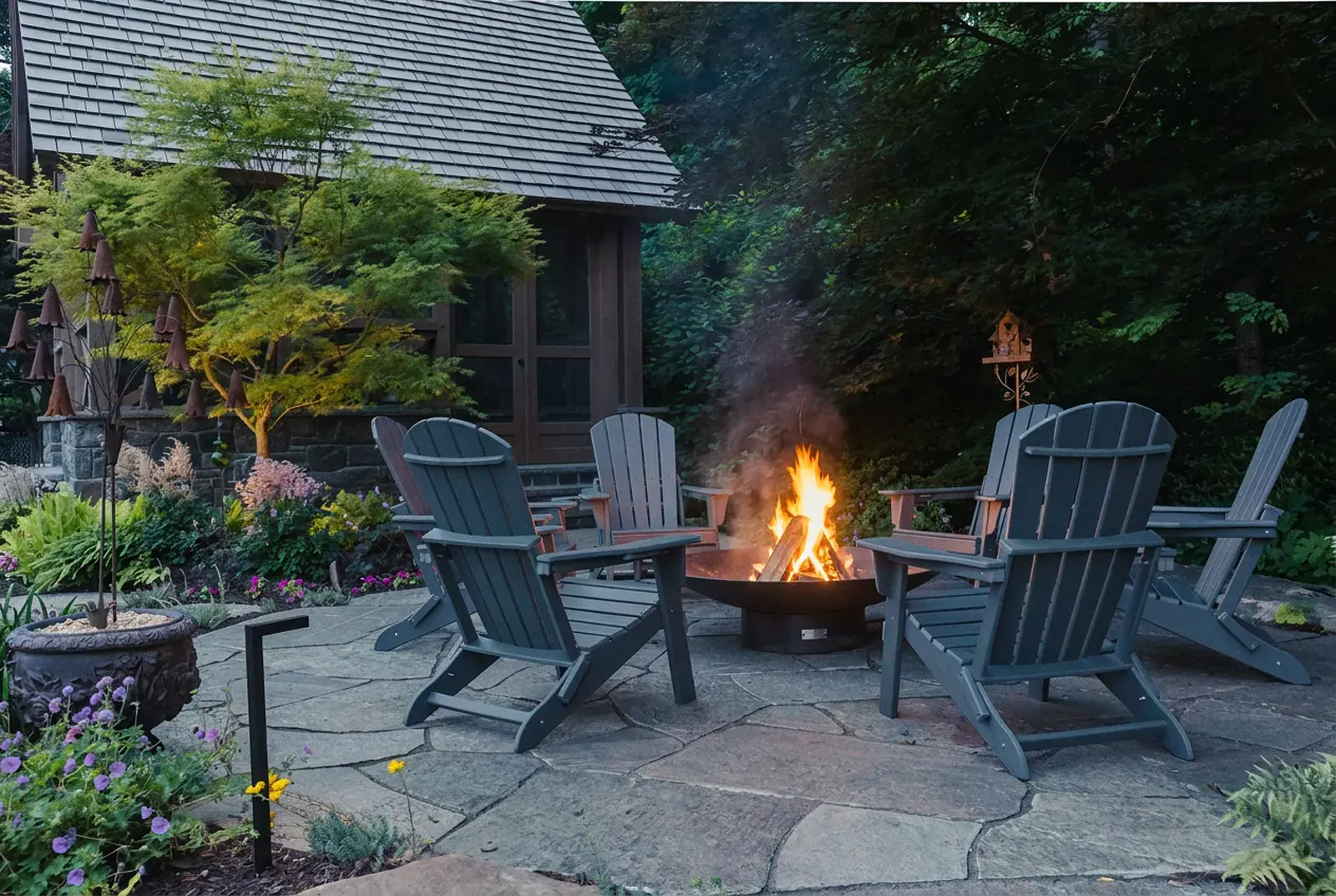 Steel fire bowl with a crackling wood fire and gray Adirondack chairs on an irregular flagstone terrace in a Lincoln University PA woodland garden design, with a laceleaf maple, a rusted bell flower sculpture, hardy geranium, and the timber-frame screen room beyond