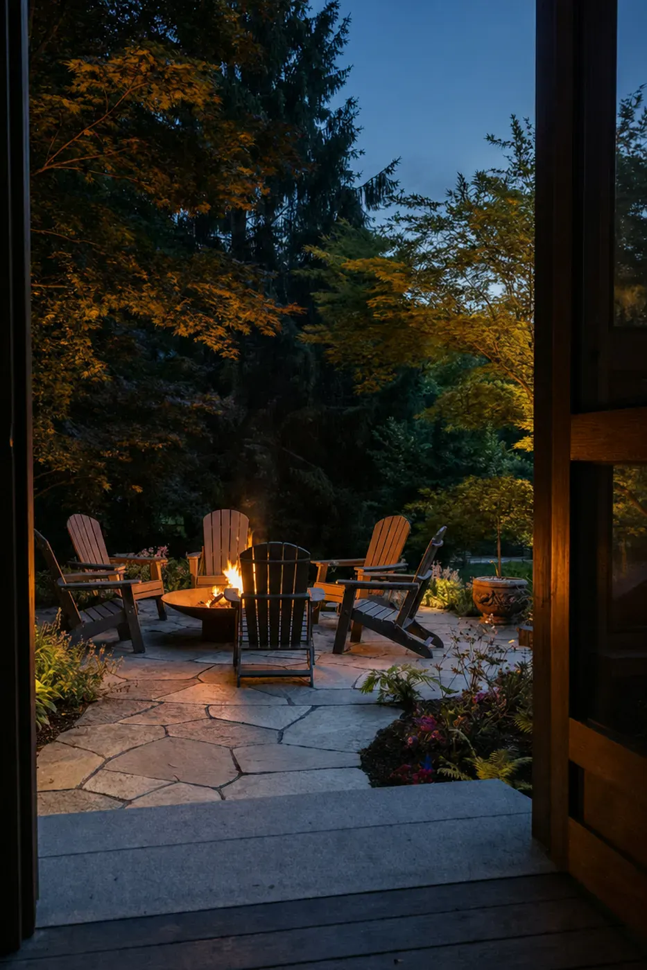 Dusk view from the open doorway of the timber-frame screen room across a granite threshold to a flagstone fire pit terrace, with a steel fire bowl and gray Adirondack chairs, uplit laceleaf maples, and a planted urn in a Lincoln University PA woodland garden design