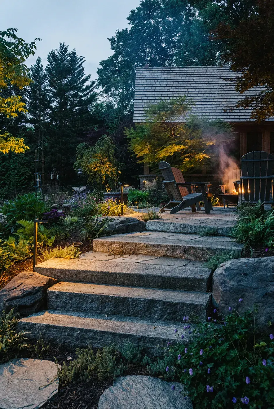 Dusk view of wide granite steps flanked by boulders and uplit by landscape lighting, rising to a flagstone fire pit terrace with smoke and gray Adirondack chairs beside a timber-frame screen room in a Lincoln University PA woodland garden design